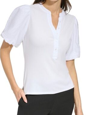 DKNY White Puff-Sleeve Mixed Media Henley Top
